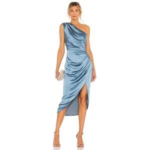 Elliatt Blue Satin One Shoulder Formal Cocktail Cassini Midi Dress Size XS